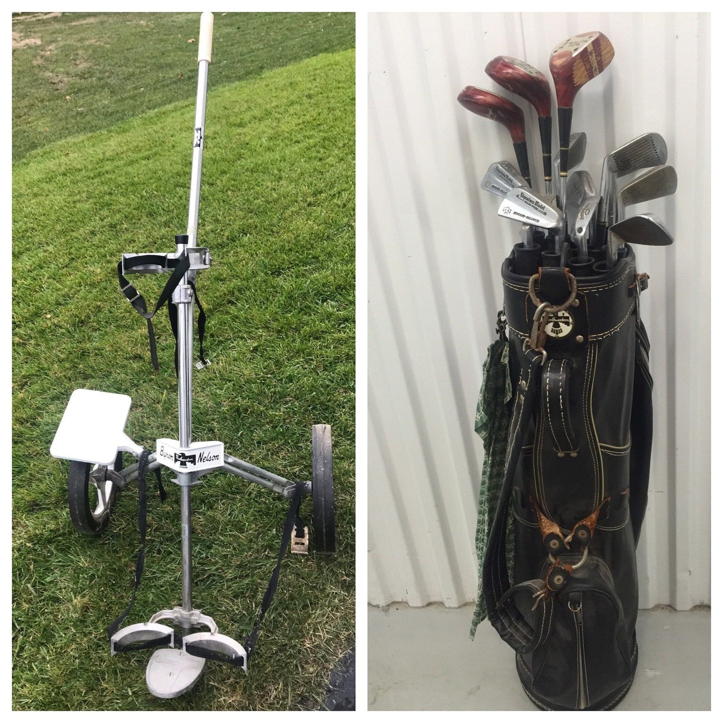 Vtg 1960's Northwestern Golf Co. Golf Folding Rolling Cart / Bag / 13 Clubs / Plastic Tubes / Cowhide Head Covers