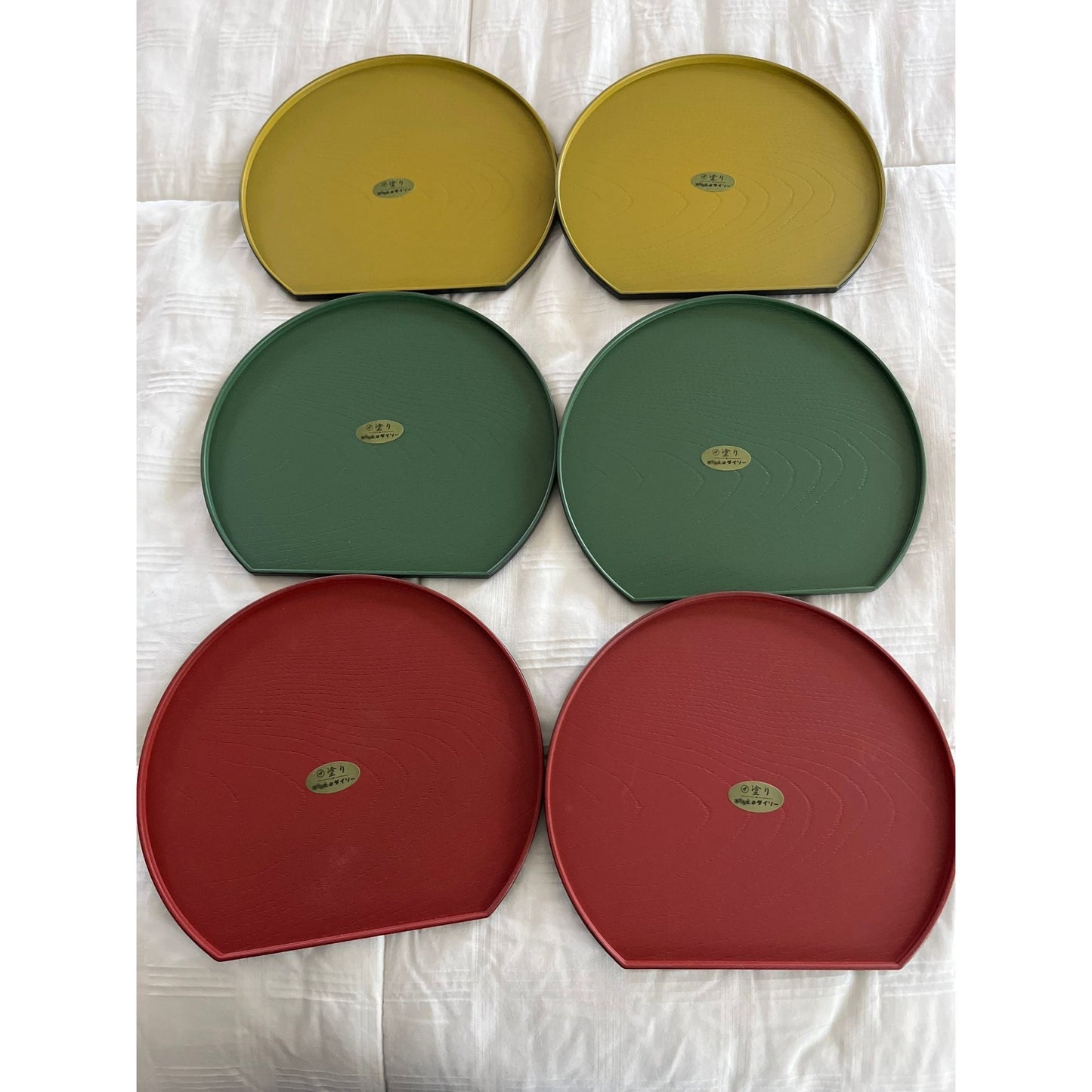 Vtg Japanese 1990's Gold Daiso Set Of 6 Half Moon Urethane Trays 20.5 cm Mustard Green Rust New With Tags Made In Japan