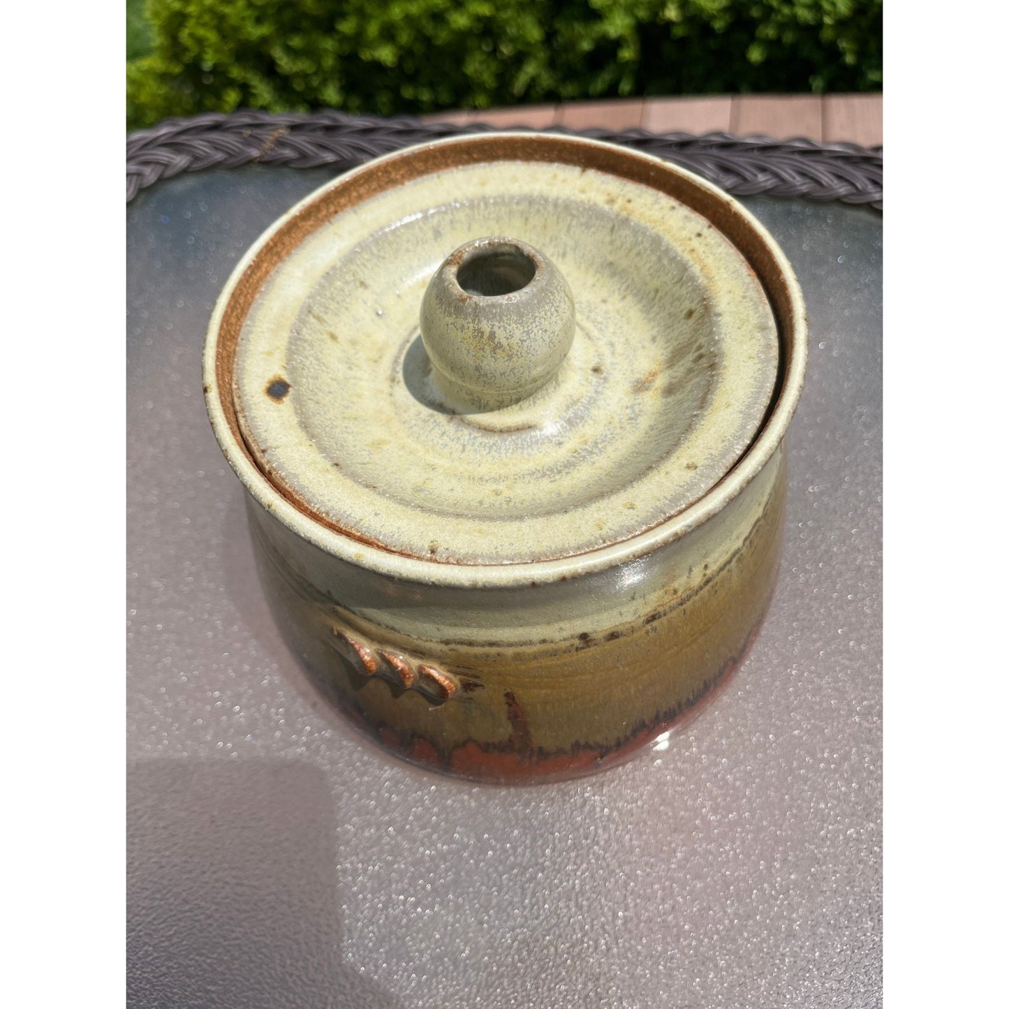 Vtg Handmade Studio Art Fine Pottery Vessel With Lid Glazed Brown Beige Bronze Signed NAHLER