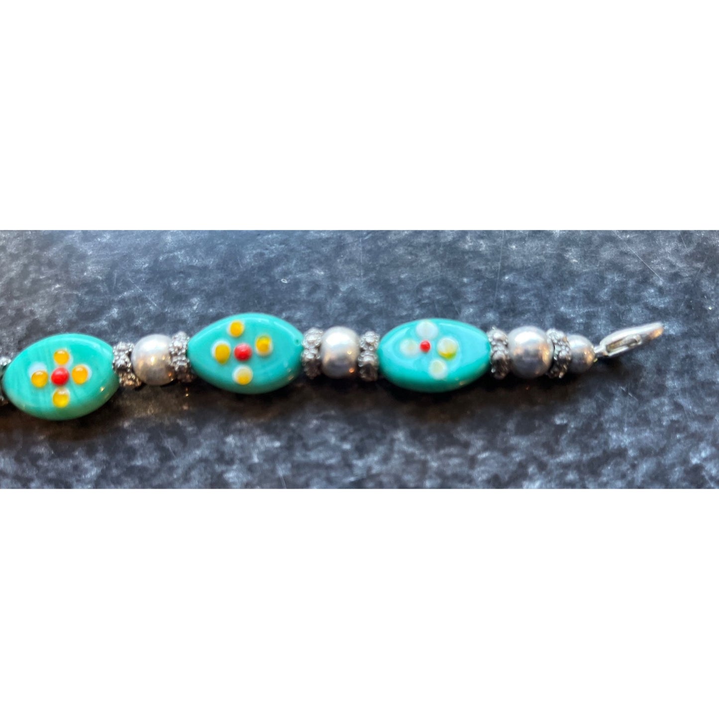 Vintage 1970's Children's Hand Painted Glass Beaded Floral Oval Beads Silver Tone Separators 6" NWOT