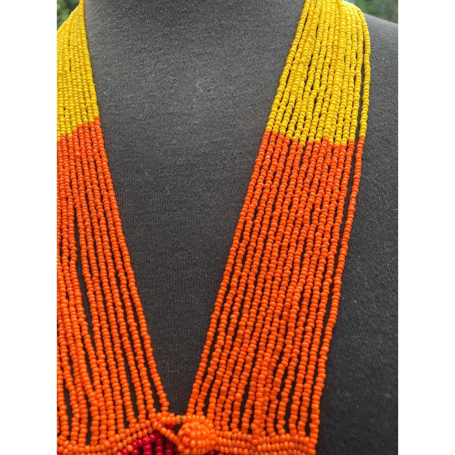 Vtg 1960's Seed Beaded Shawl With Beaded Button & Loop Orange Red Yellow African Maasai Tiny Seed Beadwork 82" x 2"