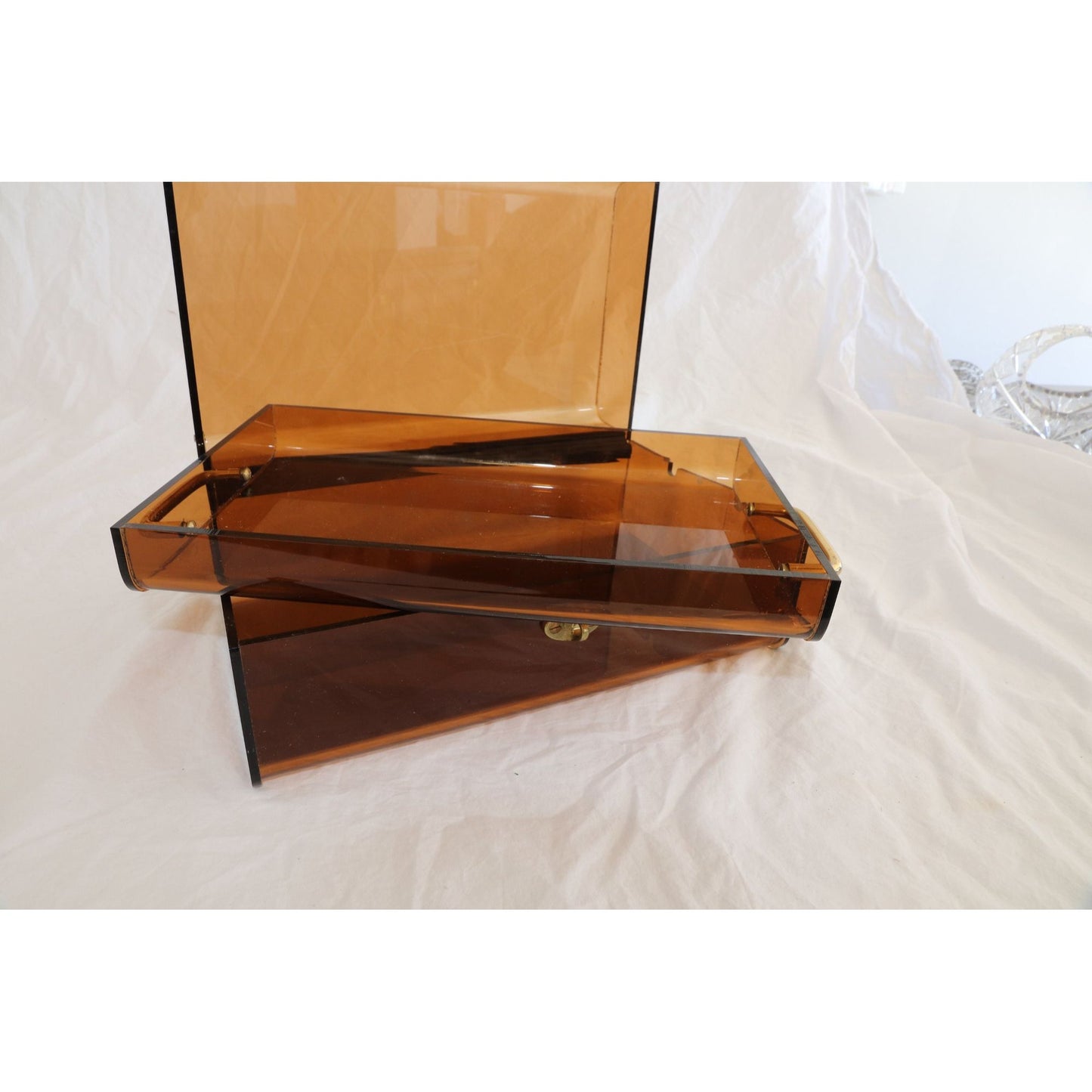 Vintage Brown Acrylic Jewelry Box Brass Lock Hardware With Tray Mid Century Prop For Aramis Cologne