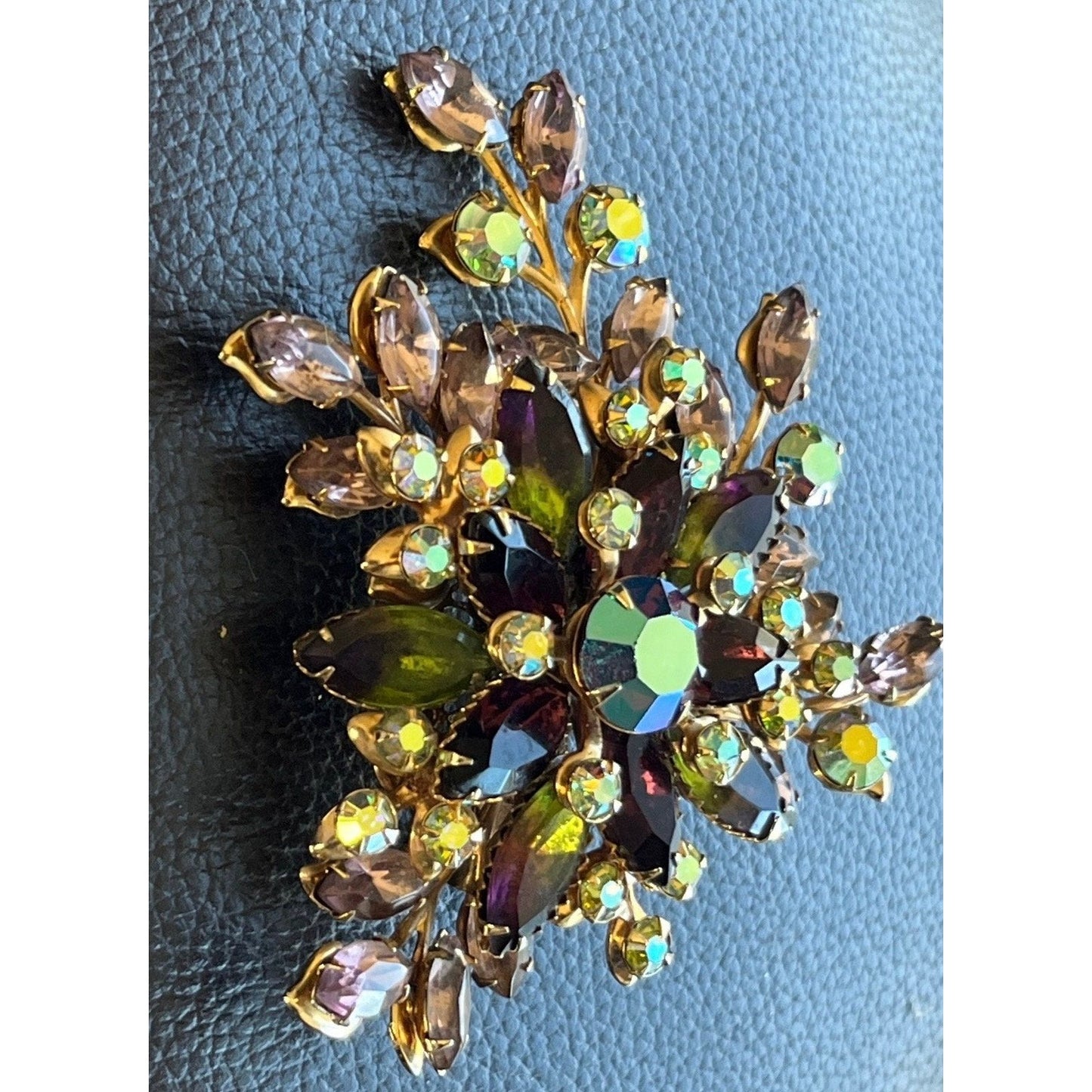 Vintage Purple Floral Brooch Pin AB Rhinestones Beads Floral Pattern NWOT Leaf Motif