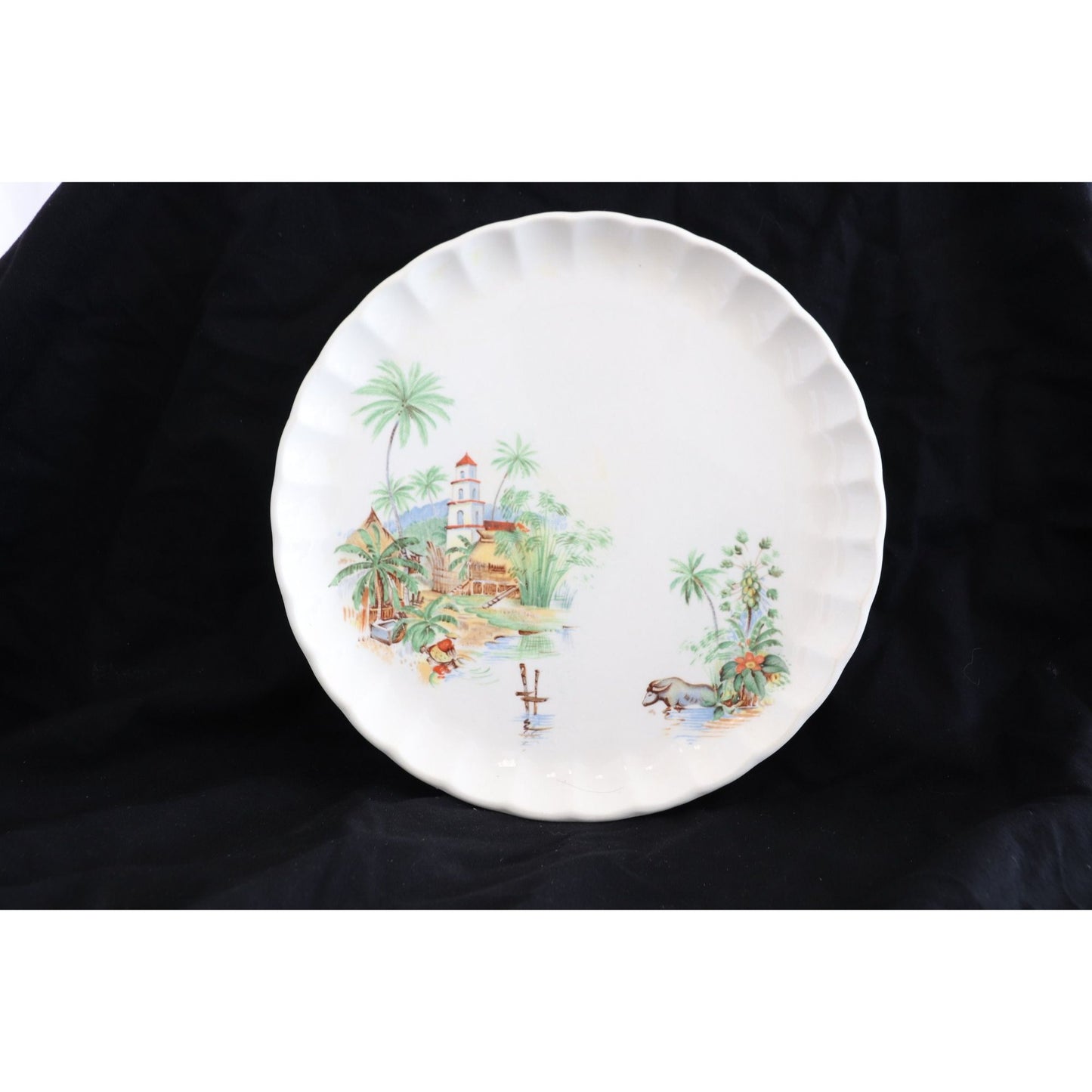 W S George Bolero Vintage Rare Tropical Island Hacienda Bull Scene Three 9.5" Dinner Plates