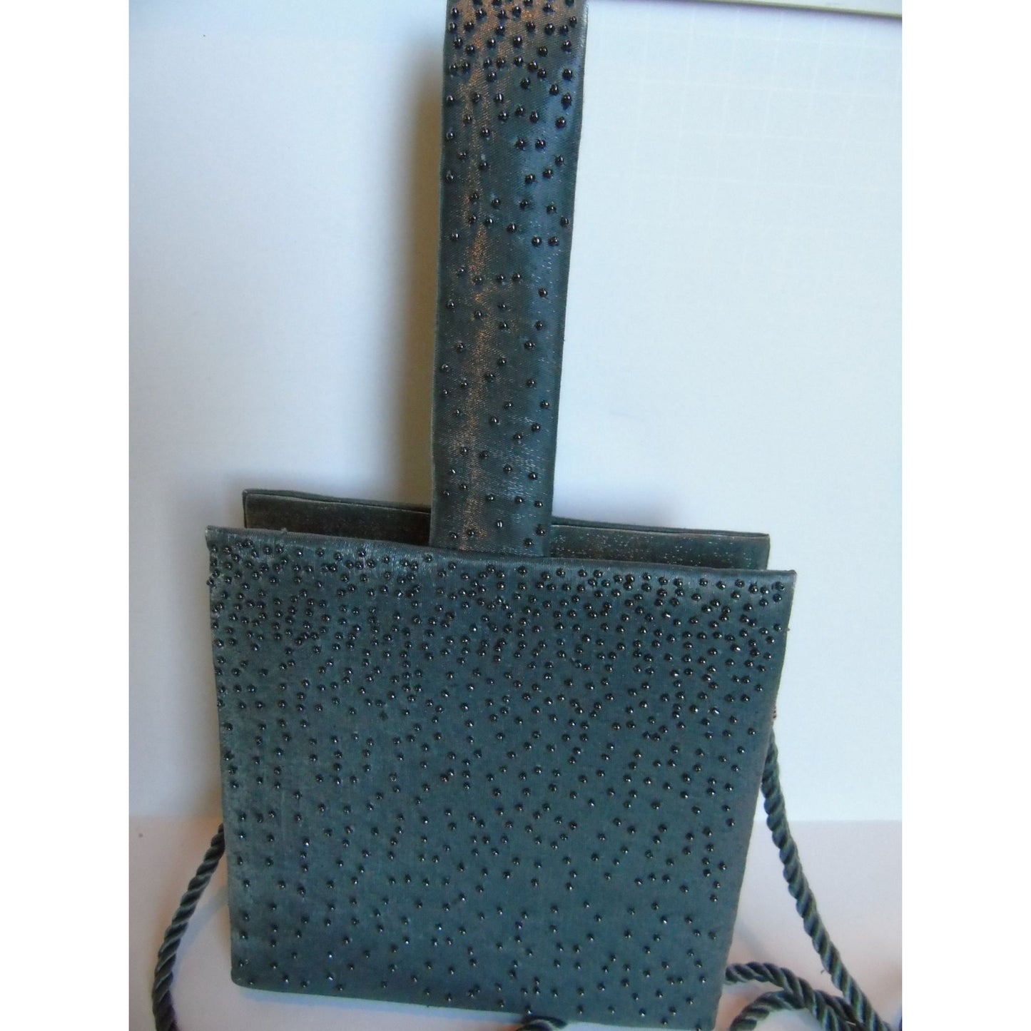 Vintage Gray Satin Evening Bag Crossbody With Gray Seed Beads NWOT