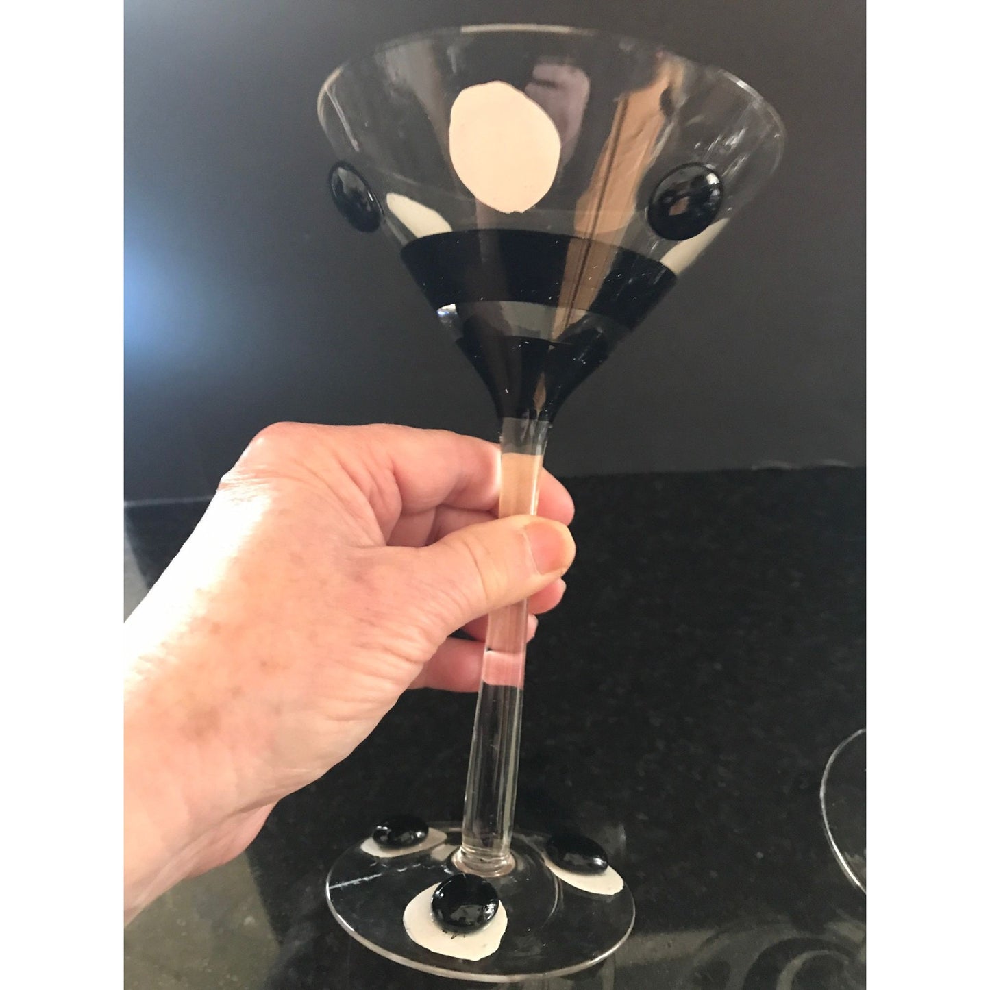 Vintage Handmade Black White Pop Art Set Of 6 Martini Glasses Holds 4 ozs. Art Glass One Of A Kind