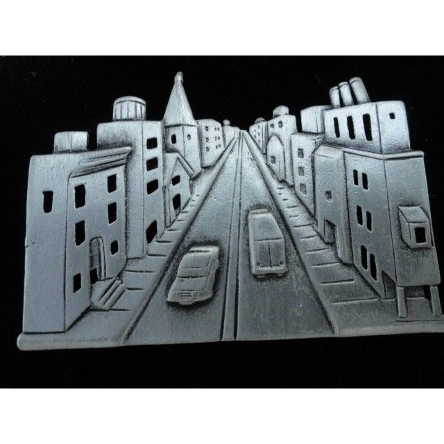 Vintage City Scape Urban Cars Street Pin Brooch Signed JJ Jonette Pewter Pin Art