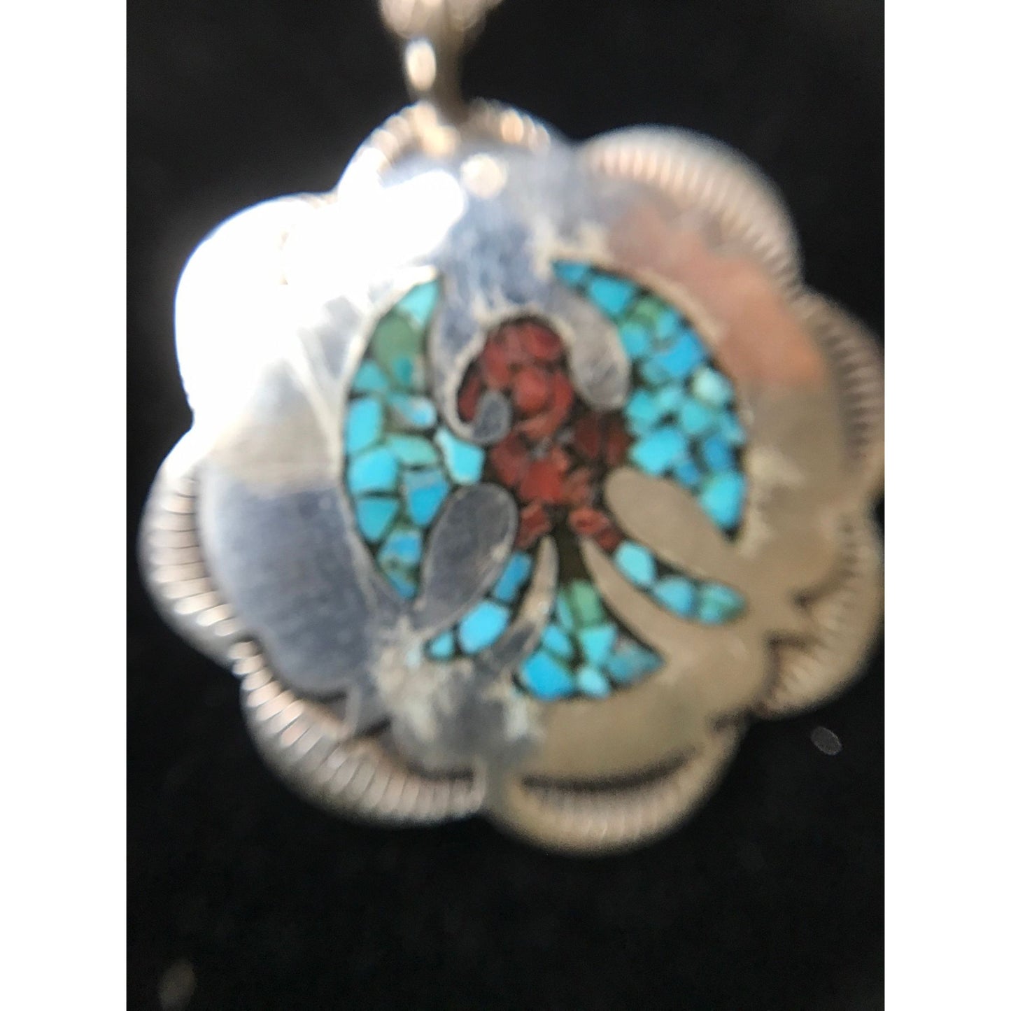 Vtg 1960's Peyote Bird Pendant Inlaid Chipped Turquoise & Coral Stamped Sterling Signed J \ L On Cable Chain