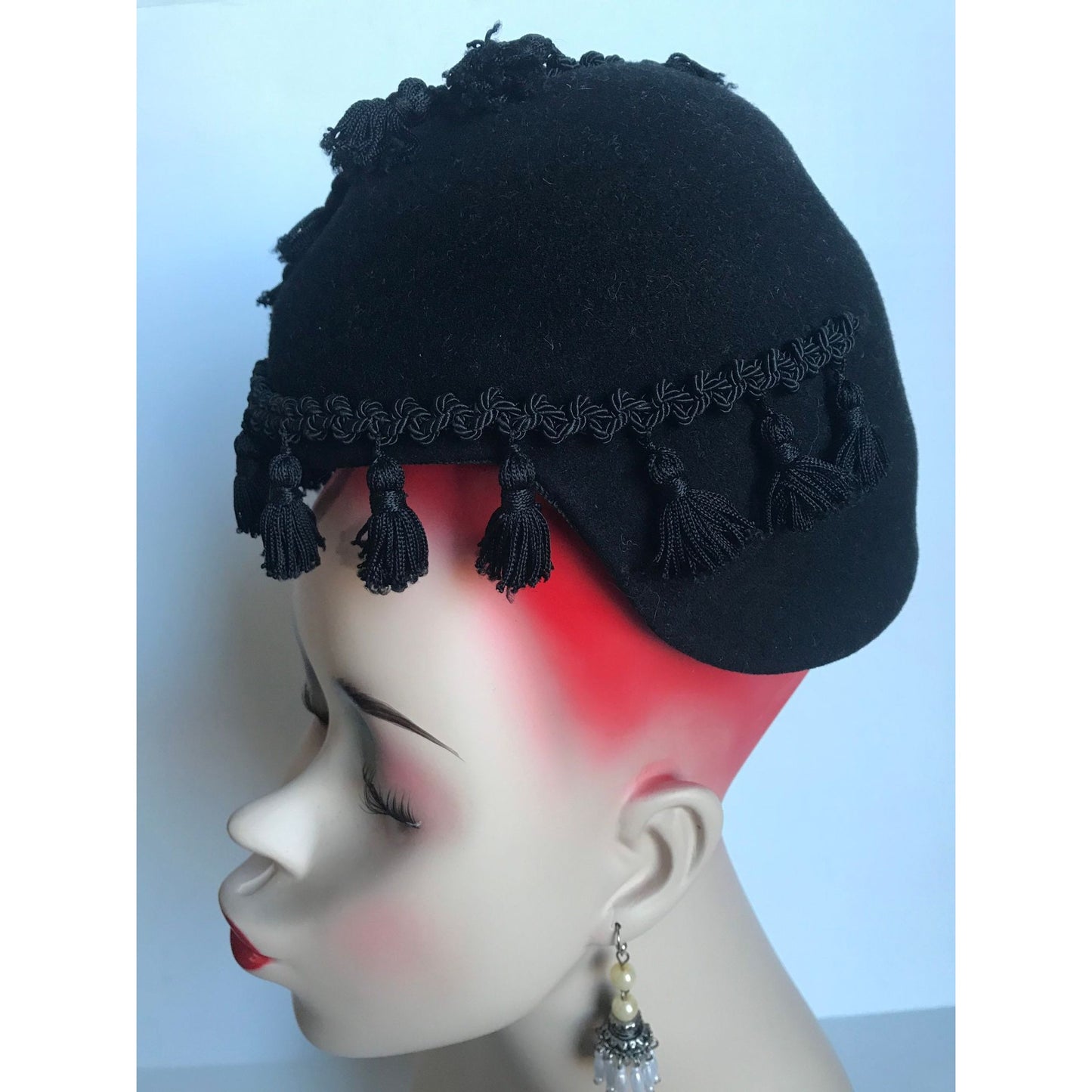 Vtg 1950's Henry Pollak, Inc. Glencove 100% Wool Black Woven Brick Brack Tassel Hat Size S/M