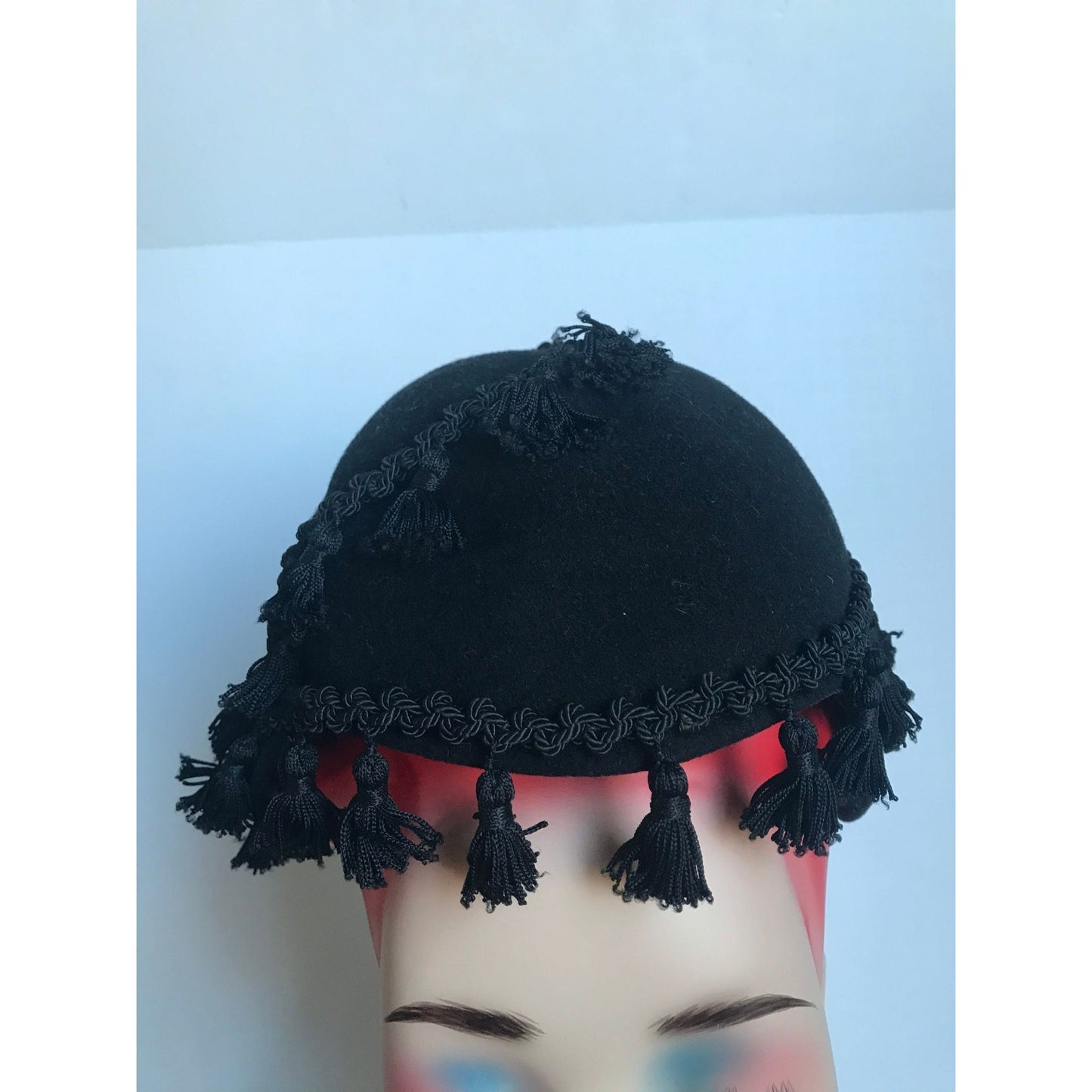 Vtg 1950's Henry Pollak, Inc. Glencove 100% Wool Black Woven Brick Brack Tassel Hat Size S/M