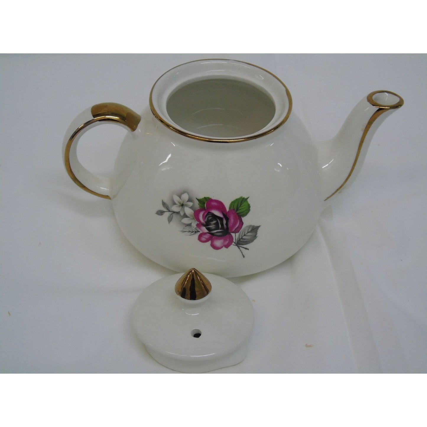 Vintage Gibsons Teapot Staffordshire England White with Gold Trim Pink & Black Roses White Flowers