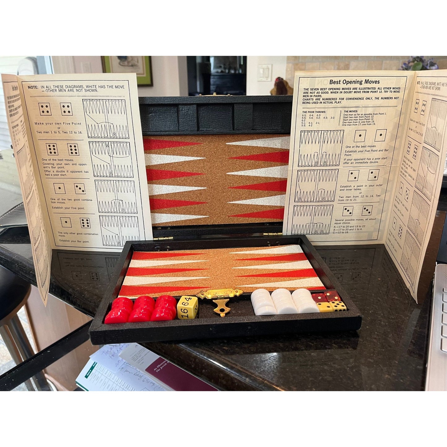 Vtg Royal Crisloid Plastics Backgammon Board White & Red Chips Backlite Dice and Die Two Sets Of Rules 9' x 6 1/2" Case