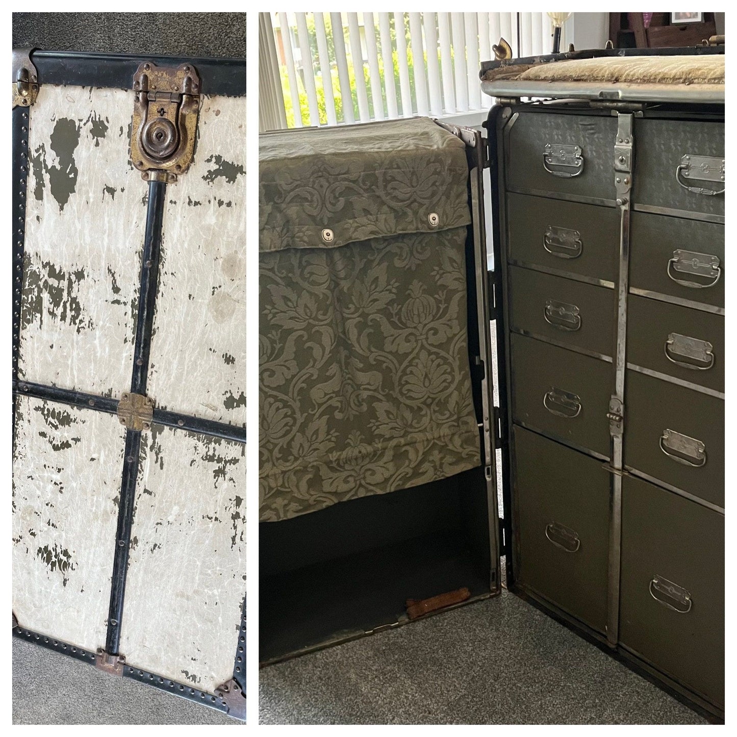 Antique Hartmann Train Ship Steamer Trunk Protective Cushion Top Wardrobe 1900s Original Brocade & Wooden Hangers