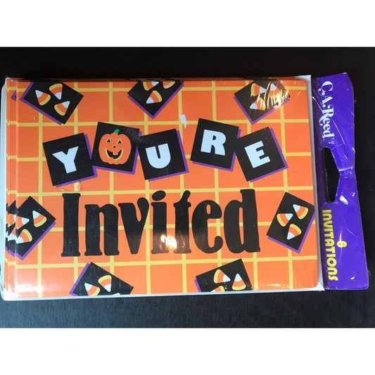 Vtg Halloween Invitations "YOURE Invited" Set Of 8 With Envelops NIB Pumpkin & Candy Corn C.A. Reed Co.