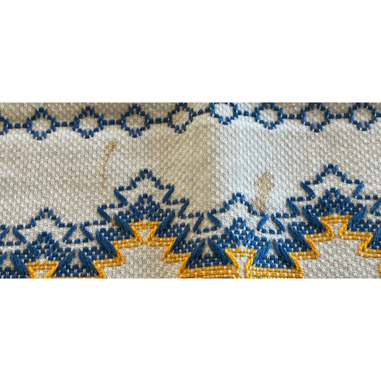 Vtg Handmade Romanian Decorative Table Runner Blue Yellow Hand Embroidered & Crocheted Folk Romanian Textile Intricate Pattern Cotton