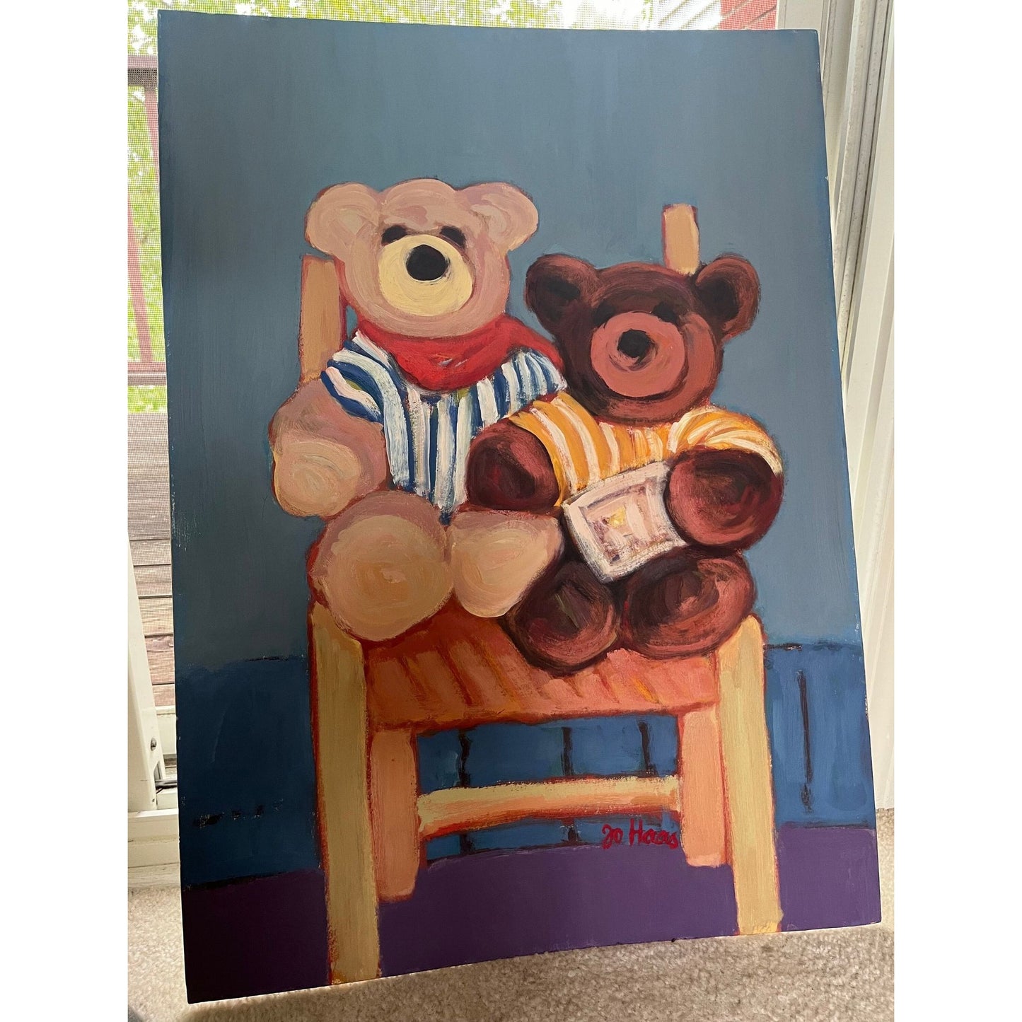 1986 Johanna Haas Oil Painting, "Two Teddy Bears Share A Chair", Signed Fine Art 28 1/2" x 21" One Of A Kind Blue Background