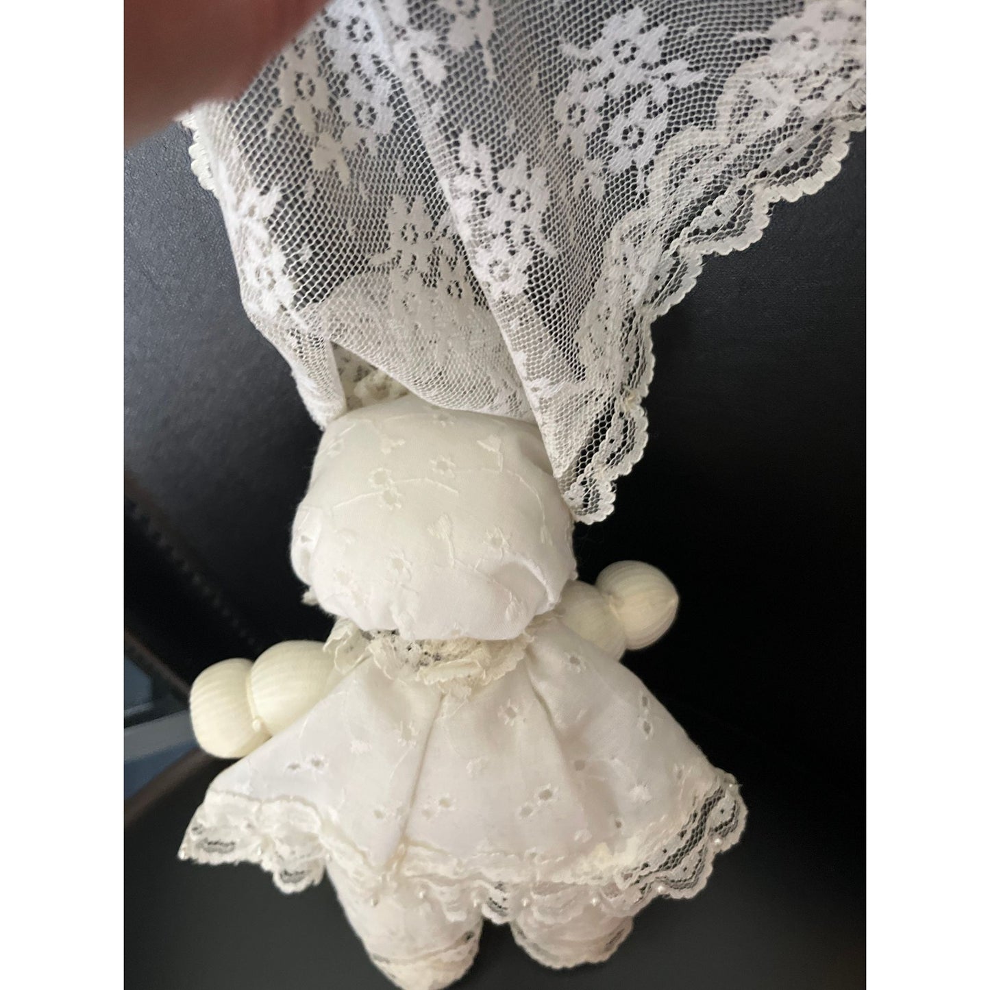 Vtg Handmade Little Girl Wedding Dress Doll With Long Lace Train And Pearl Beads