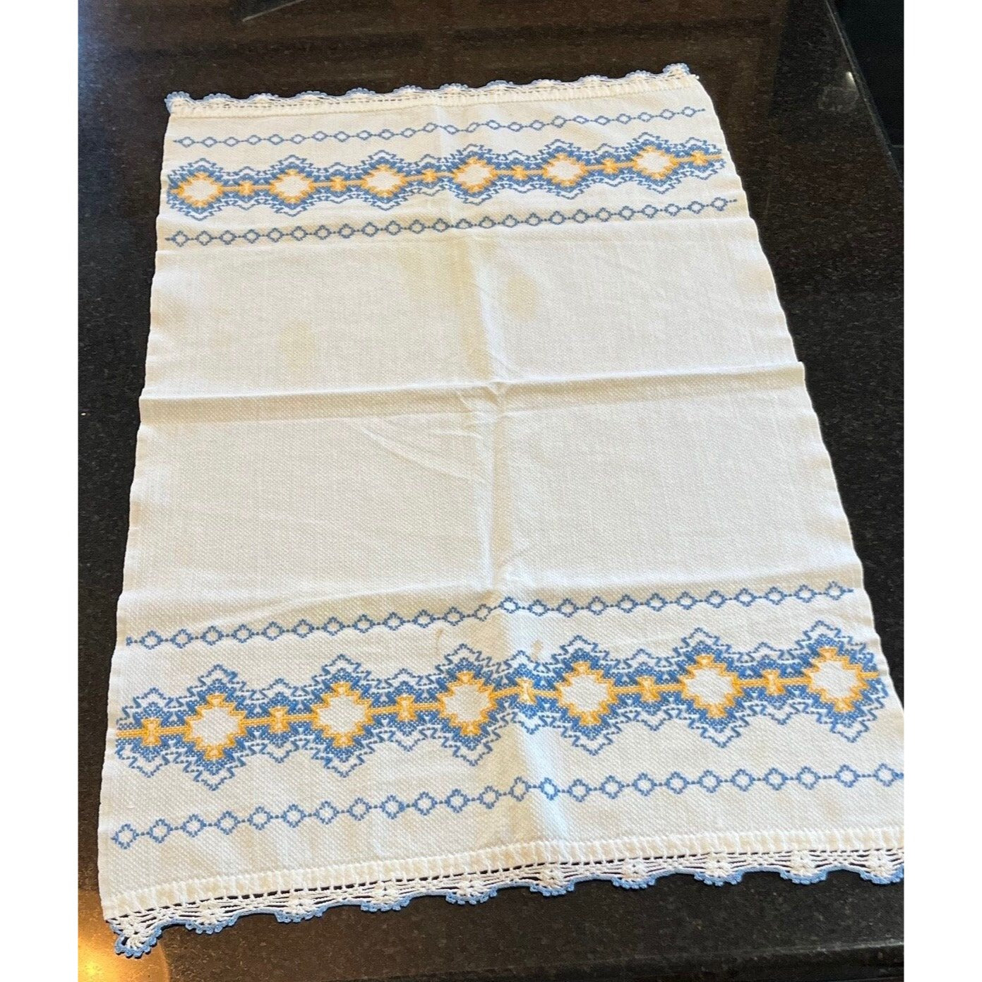 Vtg Handmade Romanian Decorative Table Runner Blue Yellow Hand Embroidered & Crocheted Folk Romanian Textile Intricate Pattern Cotton