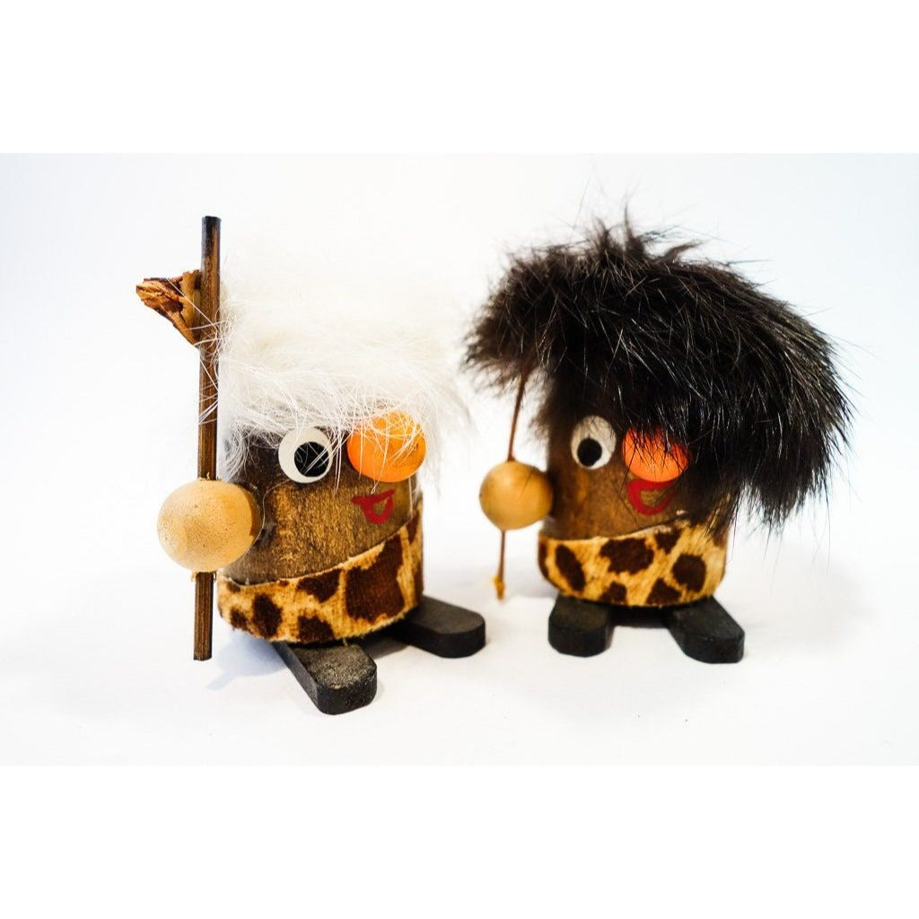 Vtg 1960's Pair Of Mini Cavemen Wooden Dolls With Rabbit's Hair Black & White Made In Japan