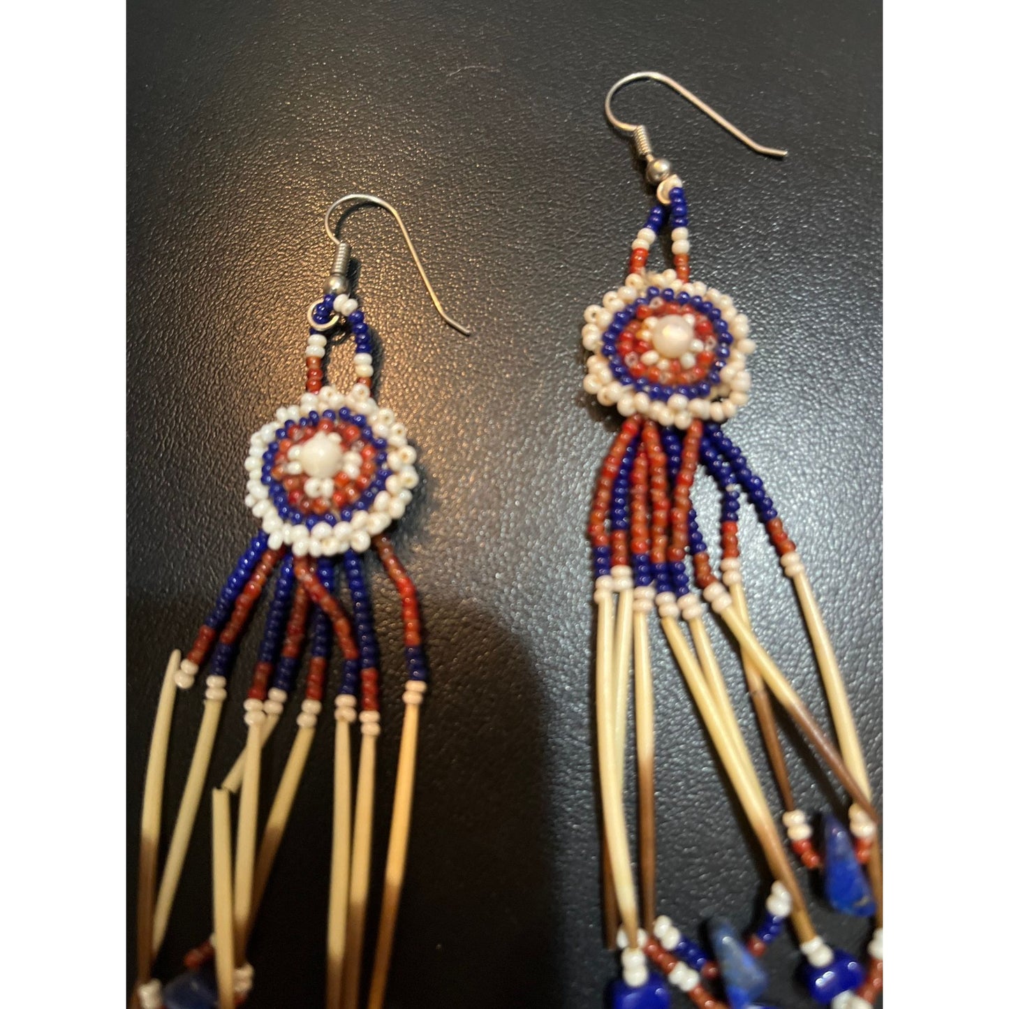 Vtg 1970's Dangle Earrings Circle Made Of Trade Beads & Porcupine Quills Pan Tribal Wire Pierced Handmade