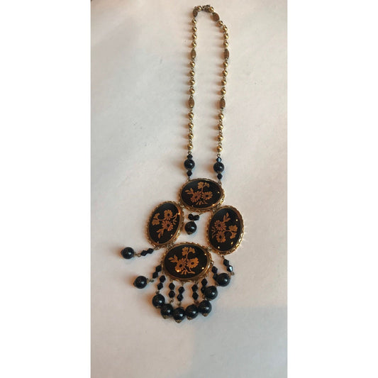 Art Deco Four Black Gold Tone Enamel Cabochons Floral Etched Elaborate Necklace Black Beads