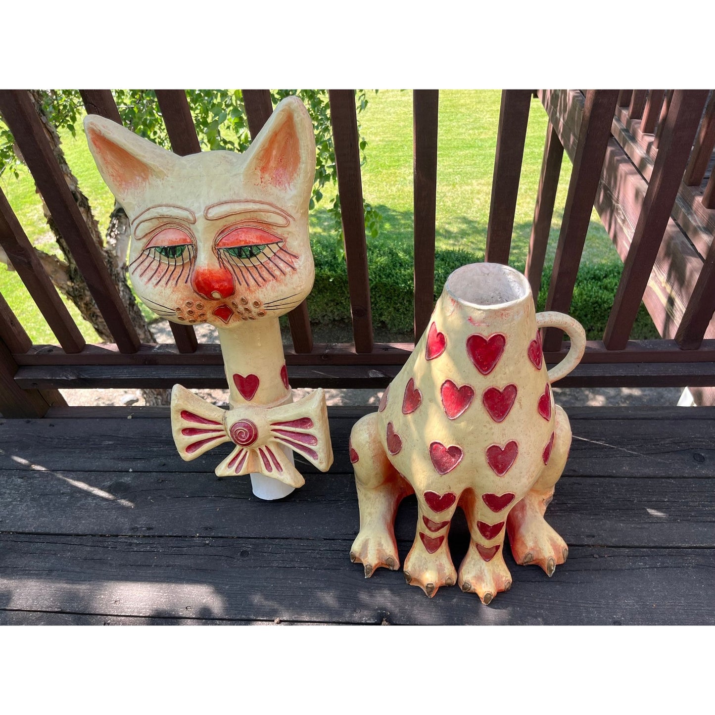 Vtg 50's-60's Jeanne Valentine Paper Mache Cat Of Hearts Sculpture Handmade Folk Art Mexican Tlaquepaque Mexico 42" Original Label On Base