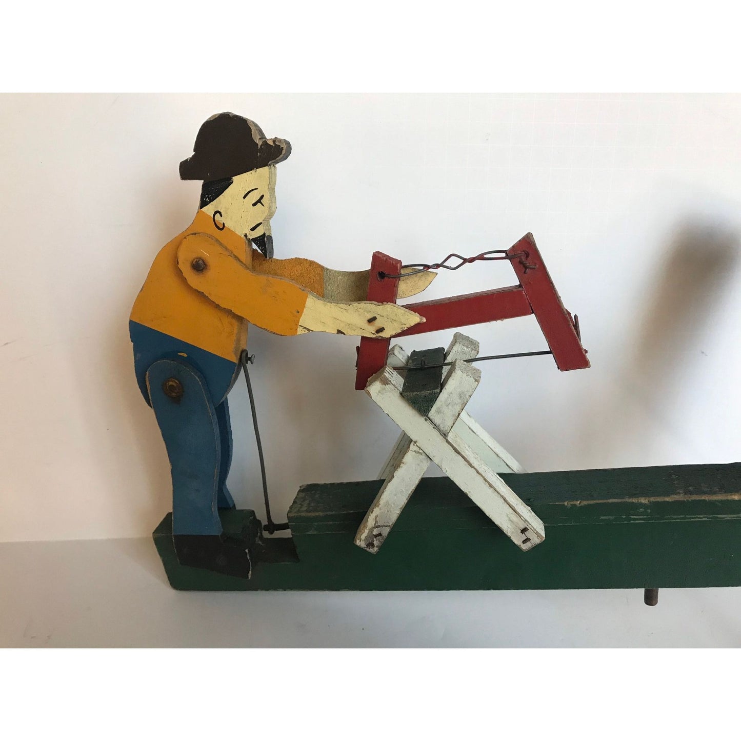 Vintage Folk Art WHIRLIGIG Primitive Painted Wood & Metal Old Man Sawing 4 Propellers