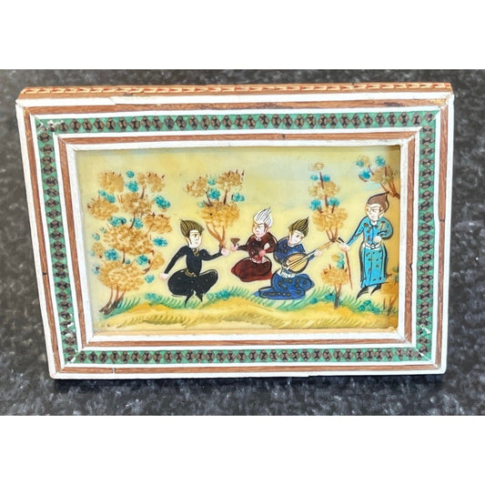 Vtg Handmade Painting 4 People One Playing An Oud Micro Mosaic Indo Persian Moorish Art Inlaid Wood Marquetry Framed Miniature