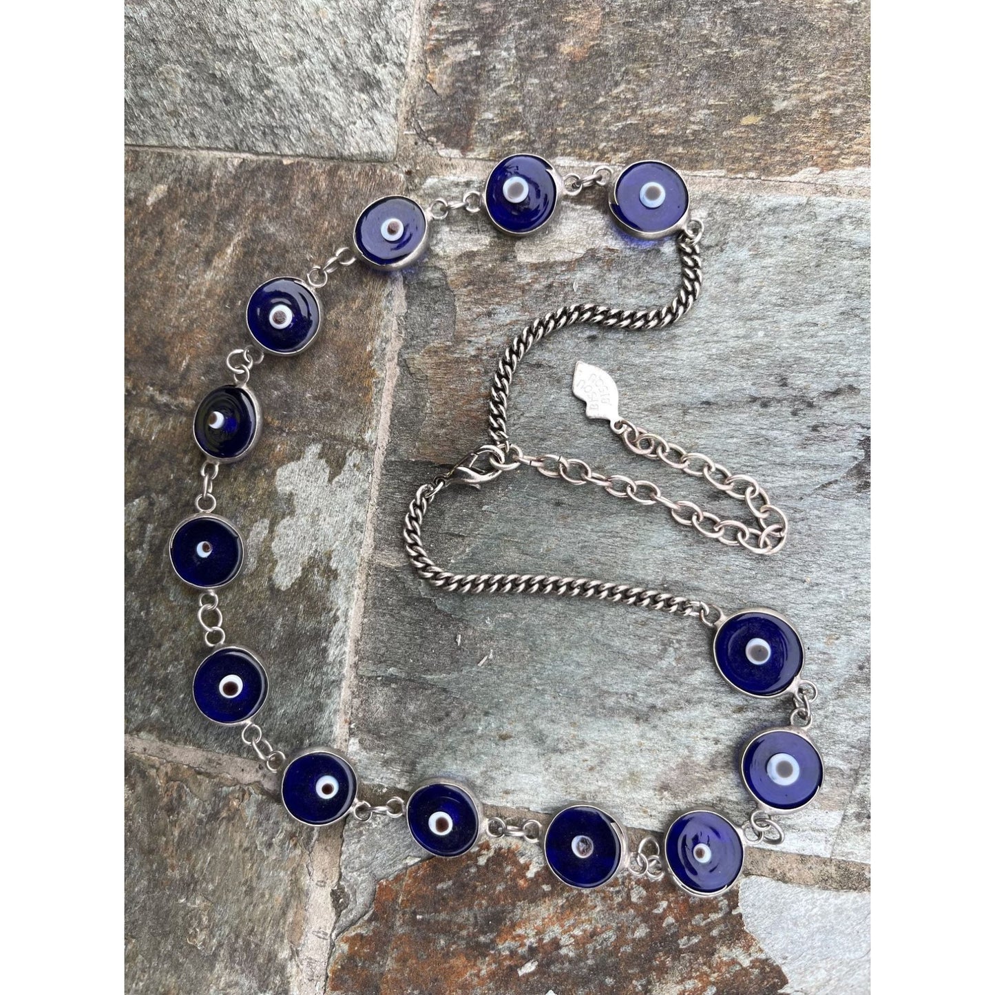 Vtg Bisou Bisou Glass Bead Evil Eye Necklace 18″ Adjustable Length 13 Beads Silver Tone Bisou Bisou Tag