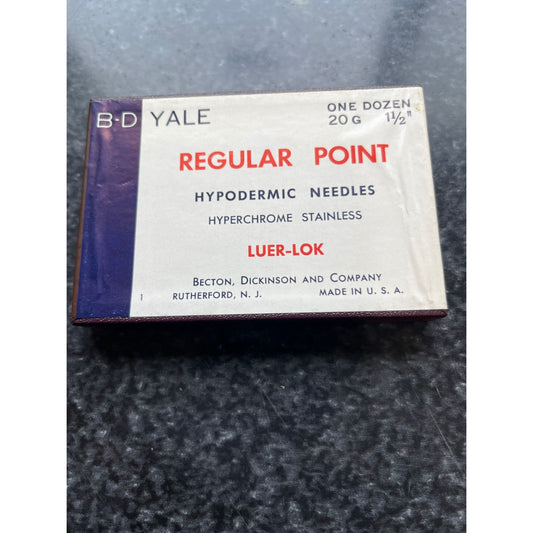 Vintage Box B-D Yale Hypodermic Needles LNR 20 G 1 1/2" One Dozen NIB