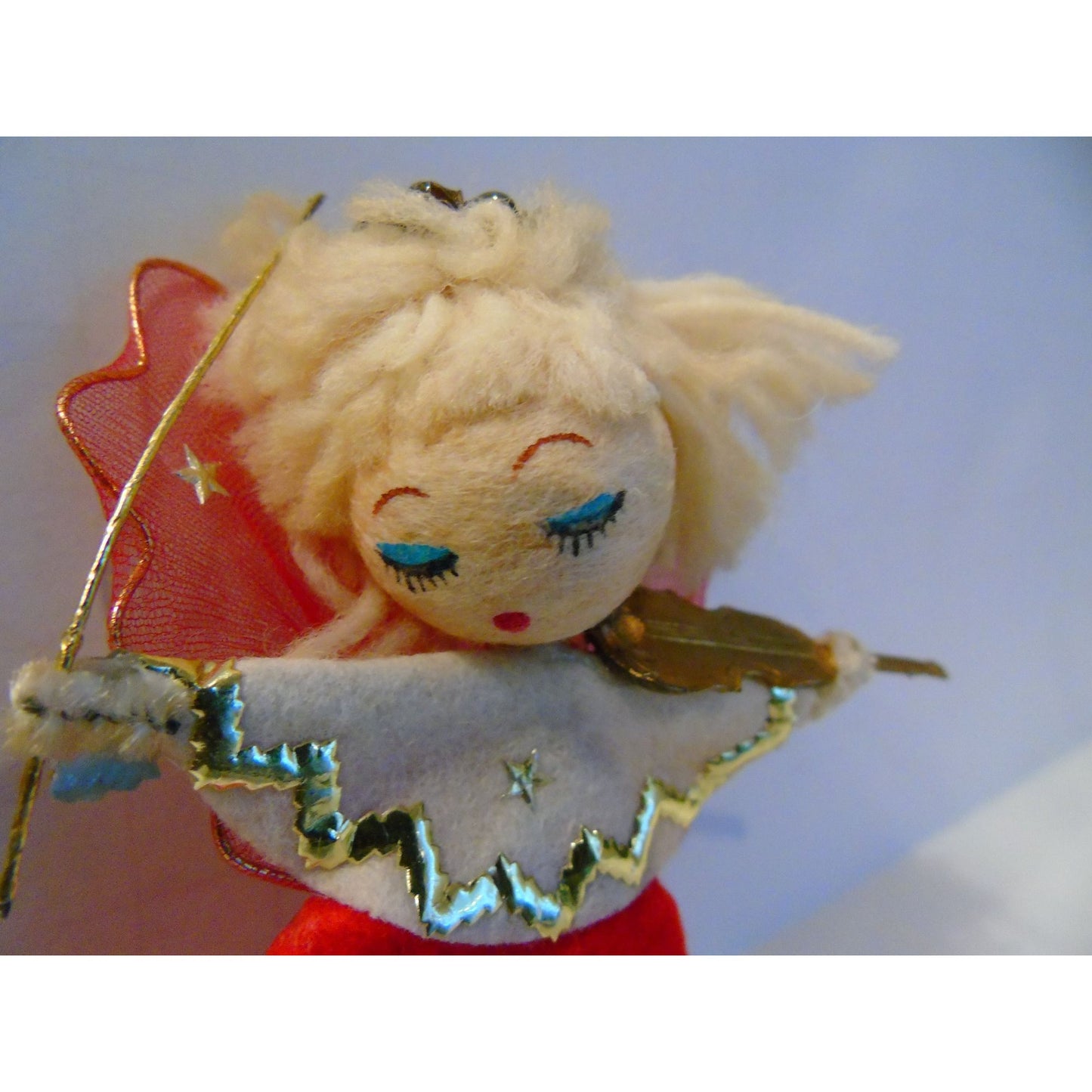 Vtg 1960's Red Gold Christmas Angel Playing The Violin With Halo Paper Label Made In Japan Ornament