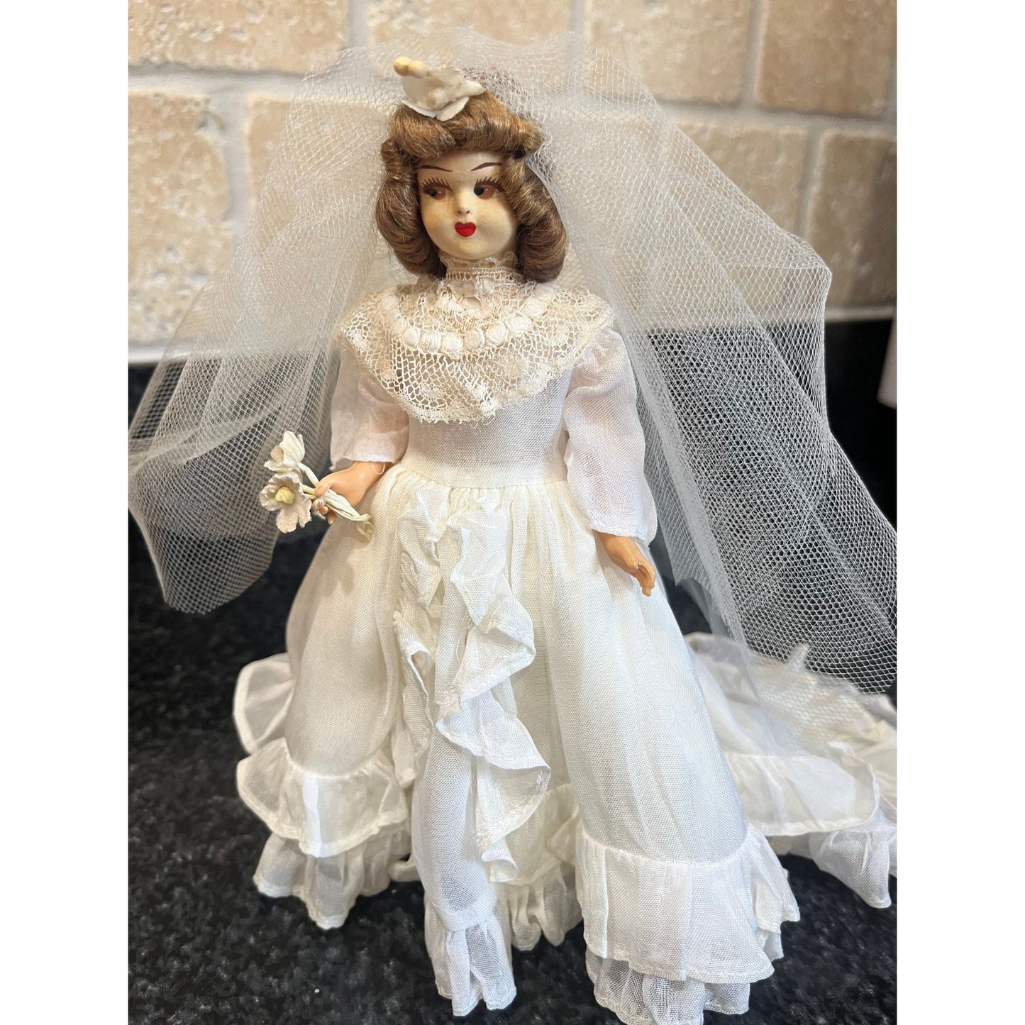 Vtg 1960's Lenci Bride All In White Doll Handmade With Fine Lace Flowing Train Veil Flowers in Hair & Bouquet