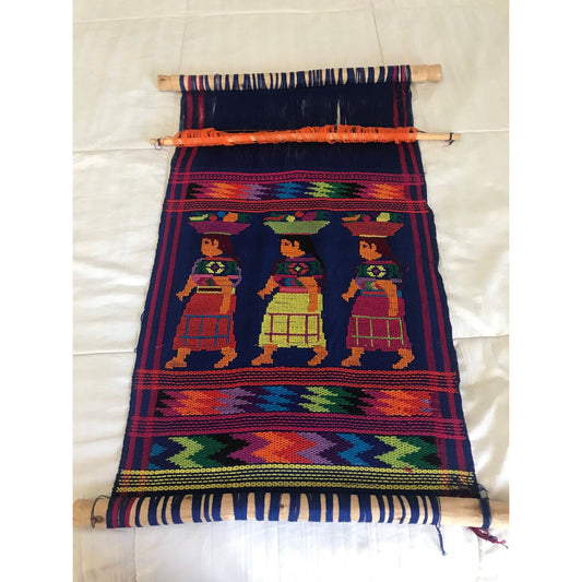 Vtg 1971 Hand Woven Guatemala Textile Art Hung On Sugar Cane 3 Women Multi Colored