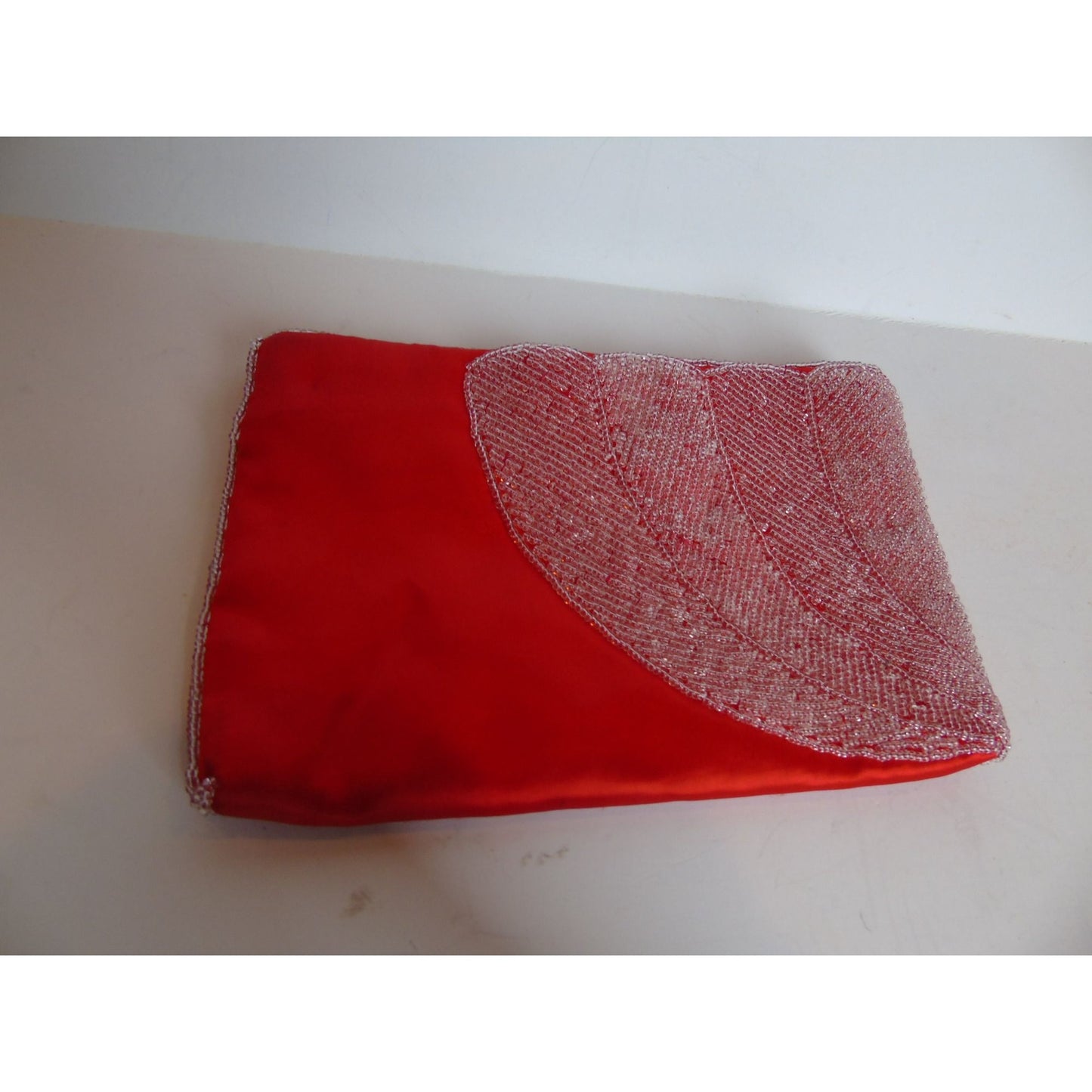 Vintage Red Satin White Beaded Evening Clutch Fully Lined Handmade In Hong Kong