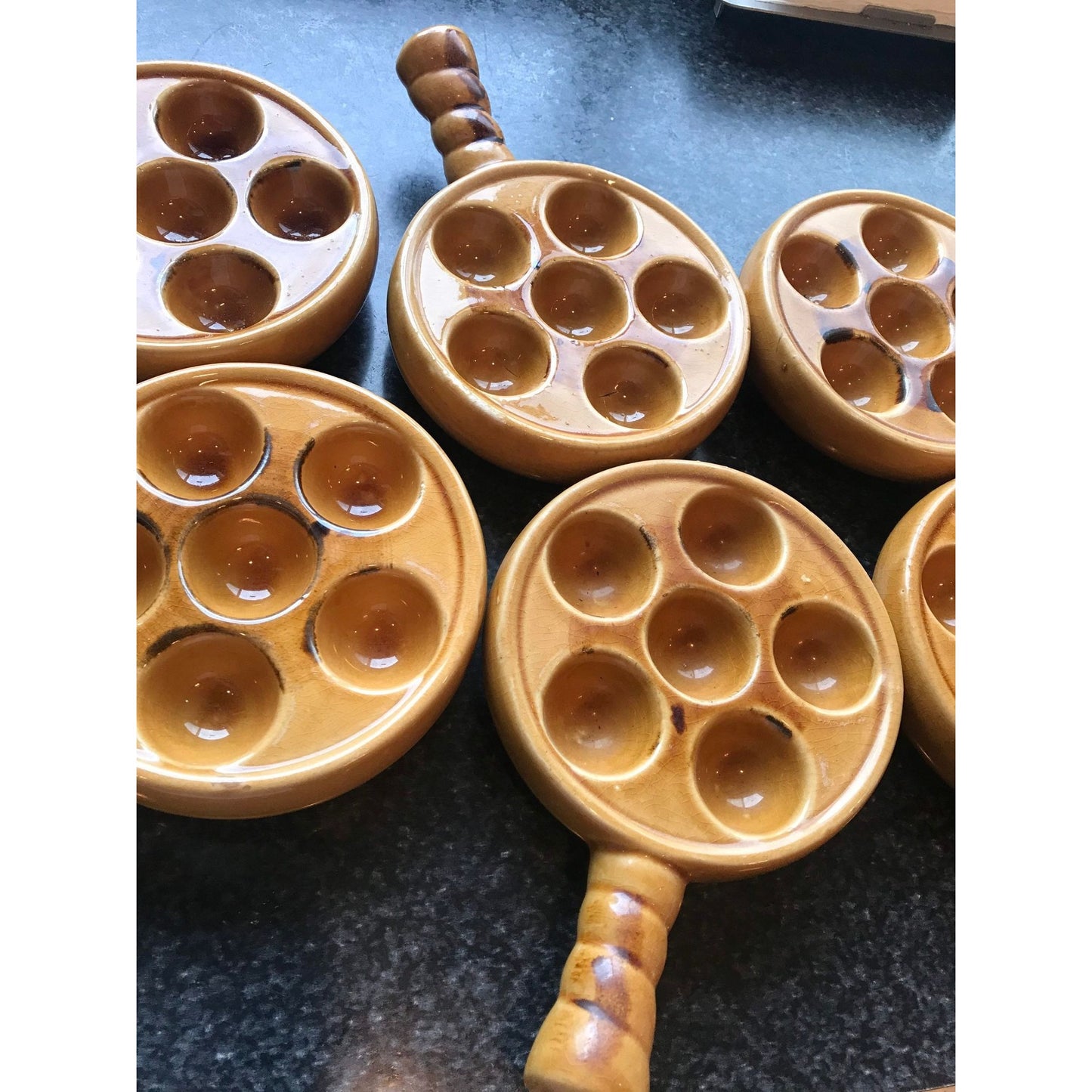 Vtg Set of 6 Yellow Aufour Ovenproof Ceramic Escargot Baking Dishes Stuffed Mushroom Baking Dishes