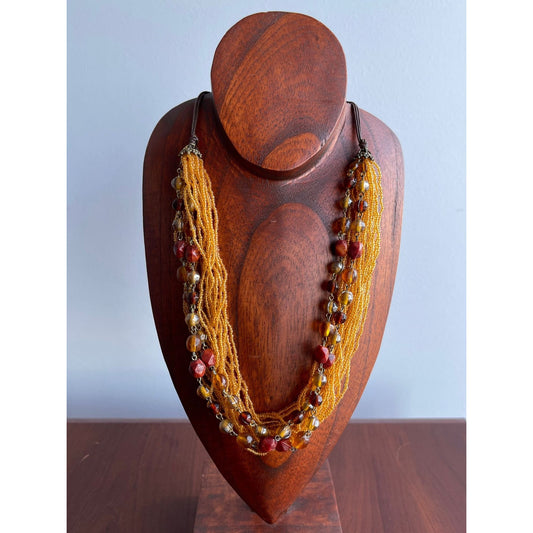 Vtg Tiny Orange Beaded 17 Strands With 2 Strands Of Brown Tan & Burnt Orange Necklace Ornate Leather Tie ClosureC