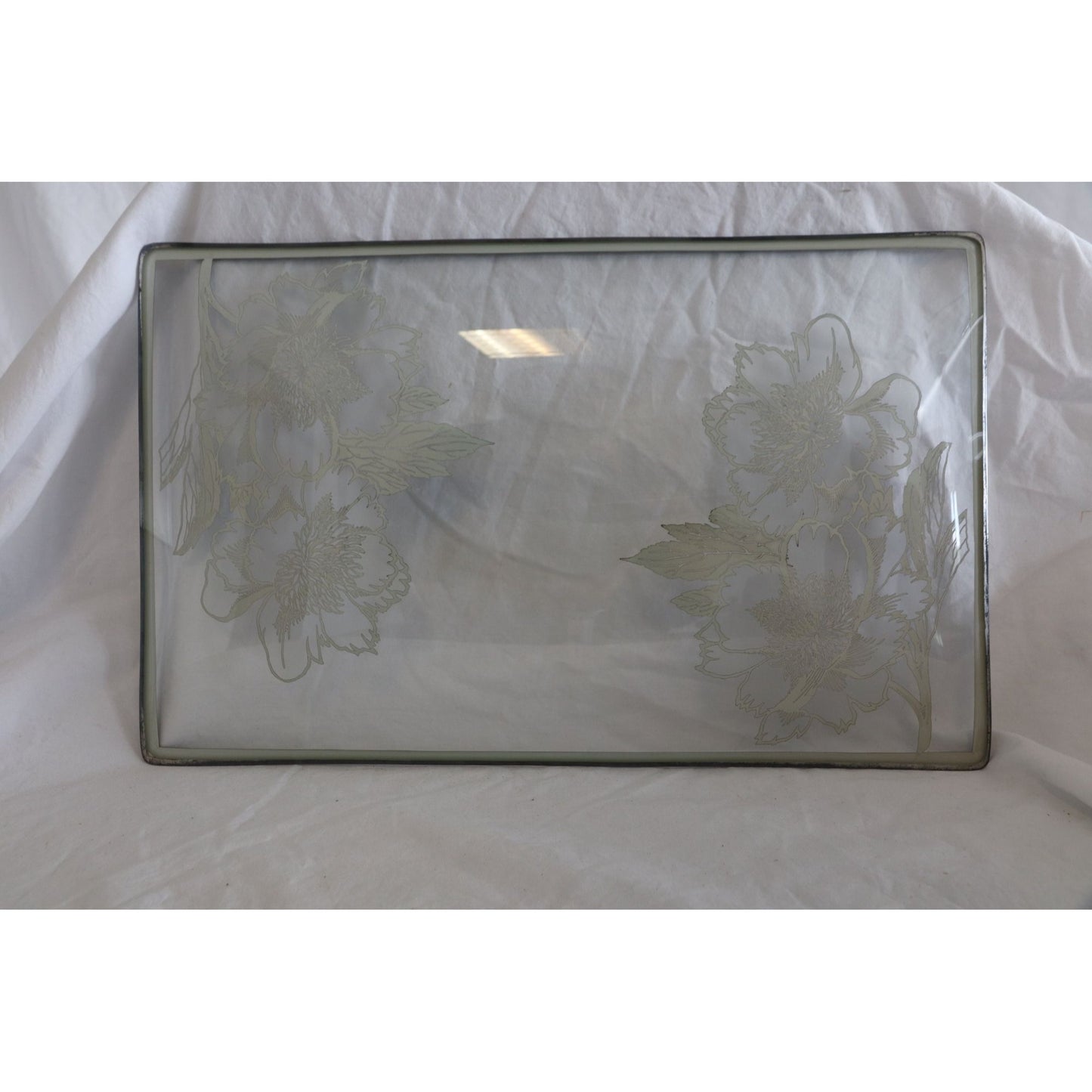 Vintage 1950's Gold Leaf Glass Floral Serving Tray With Gold Rim Rectangle Shape