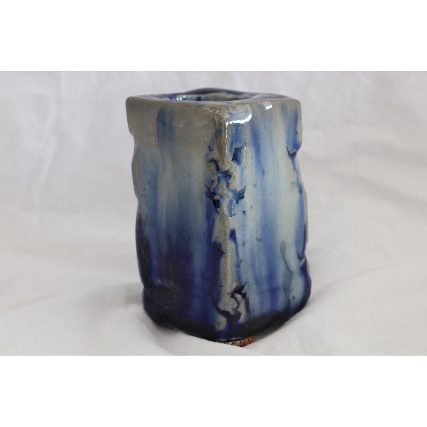 Vtg Handmade 1980's Cobalt Blue Ceramic Vase Pencil Pen Holder Heavily Glazed In And Out 3" One Of A Kind