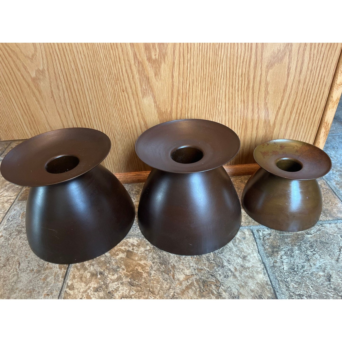 Vtg 1970's Set Of 3 Large Brown Metal TAG LTD Candle Holders Made In India Modern Mid Century