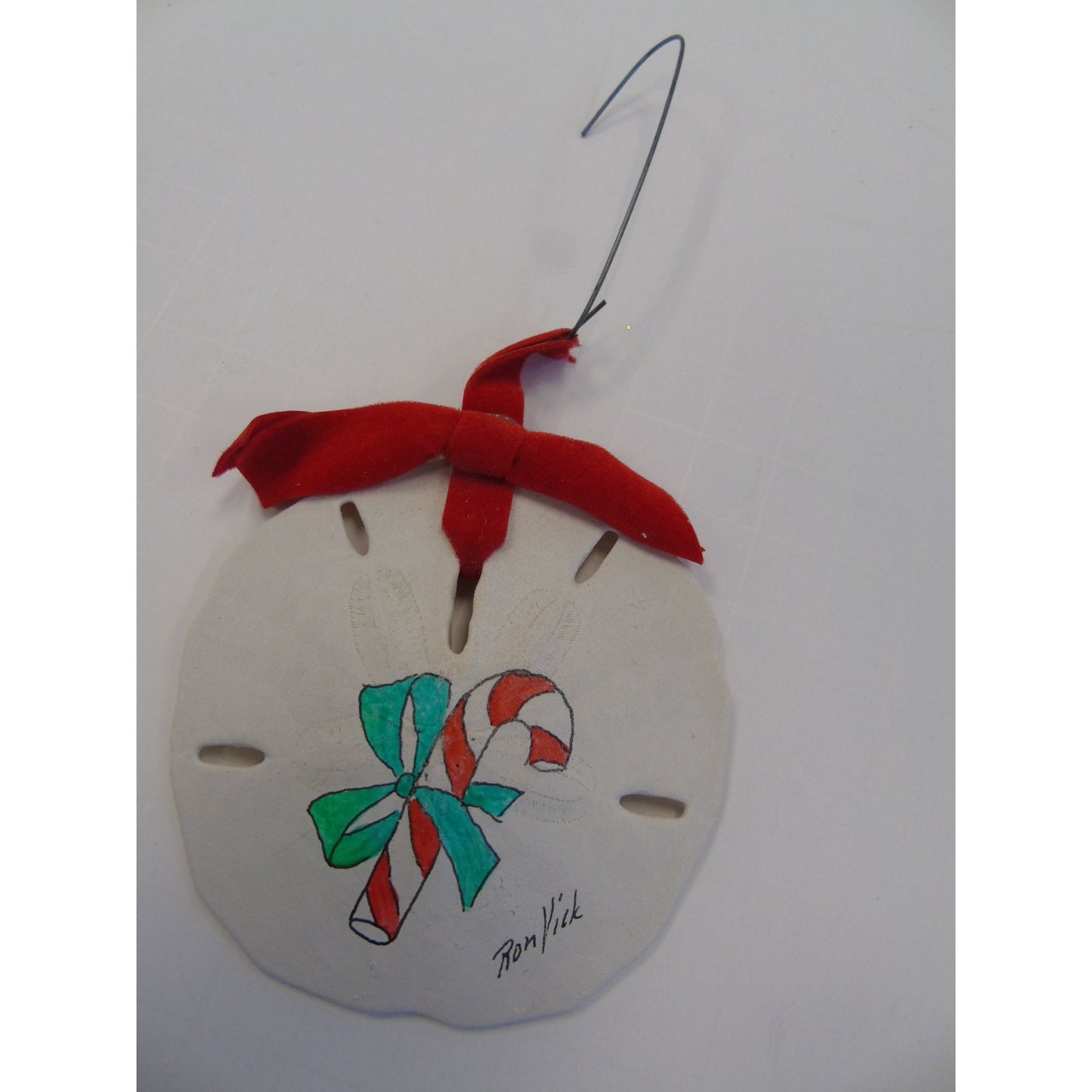 Vintage 1970's Ron Vick Christmas Candy Cane Sand Dollar Ornament Hand Painted & Signed By The Artist