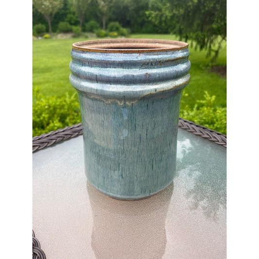 Vtg Handmade Art Fine Pottery Vessel Vase Shades Of Blue Hand Glazed Inside & Out Signed M 75 Unglazed Base