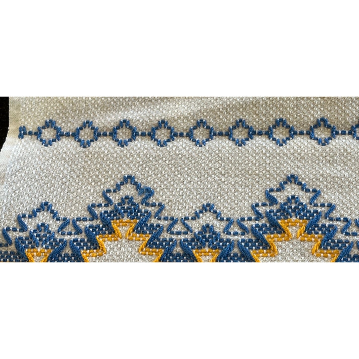 Vtg Handmade Romanian Decorative Table Runner Blue Yellow Hand Embroidered & Crocheted Folk Romanian Textile Intricate Pattern Cotton