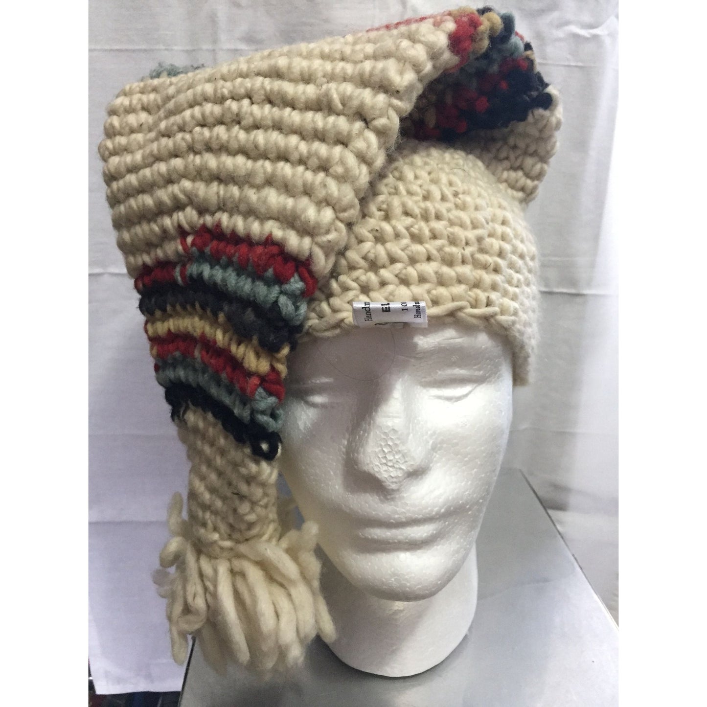 Stocking Cap El JORONGO Handmade In Mexico 100% Natural Wool Hat 23" Multi Colored Beige