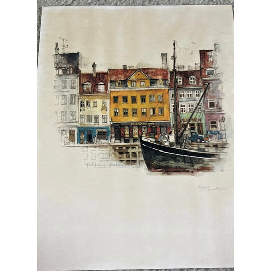 cVintage 1970's Print By Mads Stage Danish Artist Overgaden Christianshavn Copenhagen Stenders ForlagArt