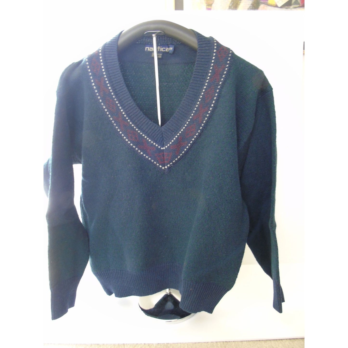 Vintage Men’s Designer Sweater Nautica V Neck 100% Wool Blue Red Green M