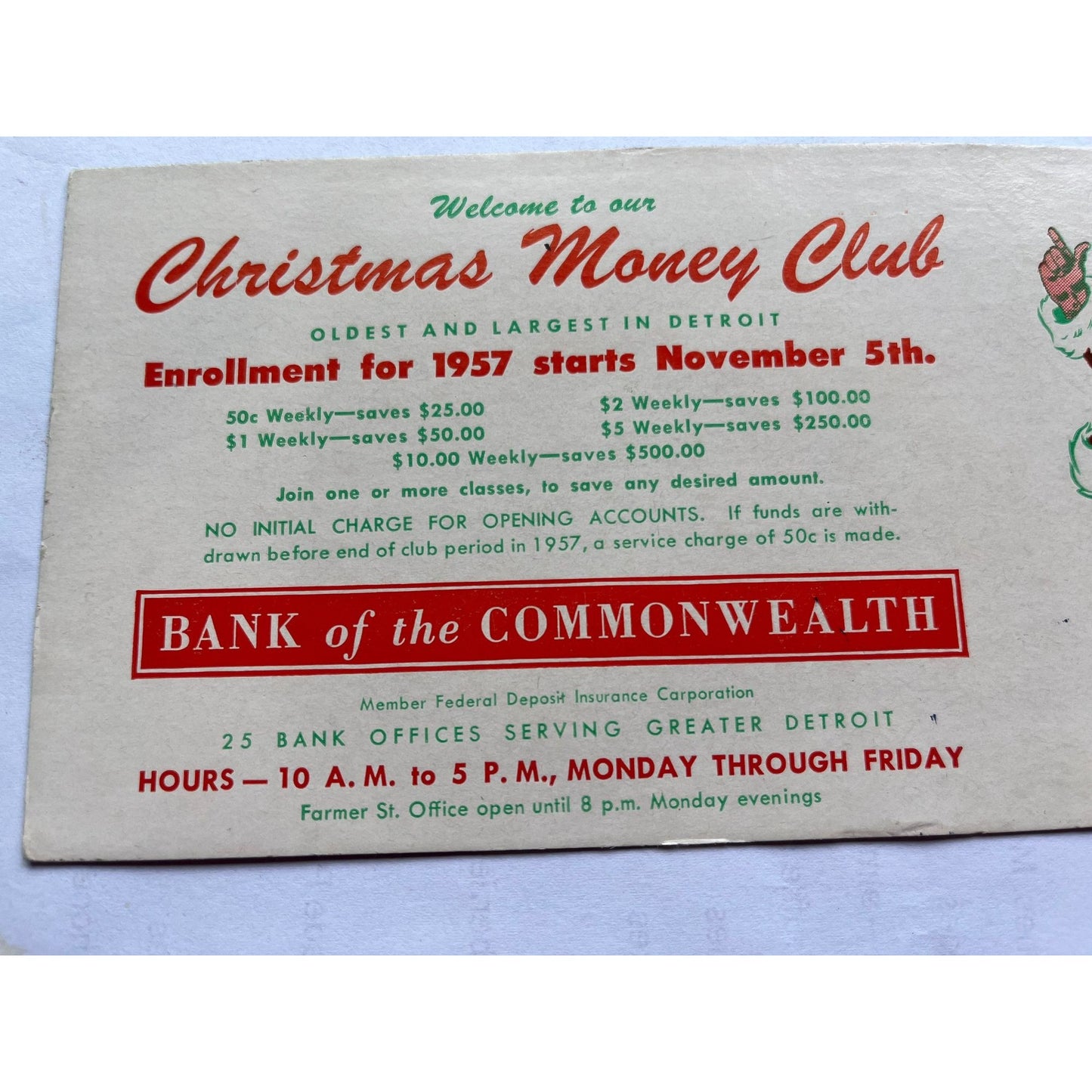 Vtg 1957 Christmas Money Club Card Oldest And Largest In Detroit Bank Of The Commonwealth Enrollment For 1957 Starts November 5th