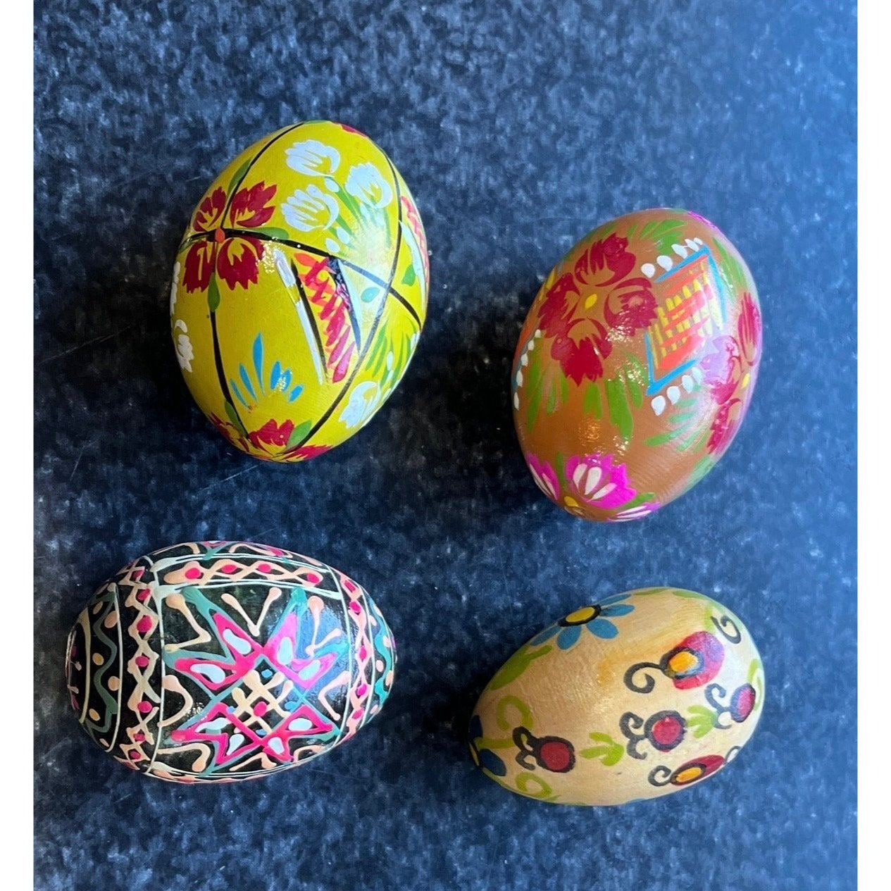 Vtg 1960's Handmade Hand Painted Wooden Eggs Set 4 Easter Gift Ukrainian Traditional Pysanky