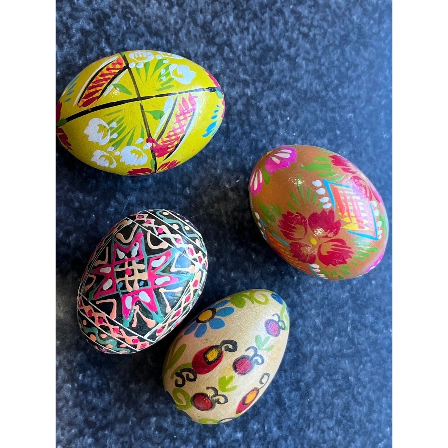 Vtg 1960's Handmade Hand Painted Wooden Eggs Set 4 Easter Gift Ukrainian Traditional Pysanky