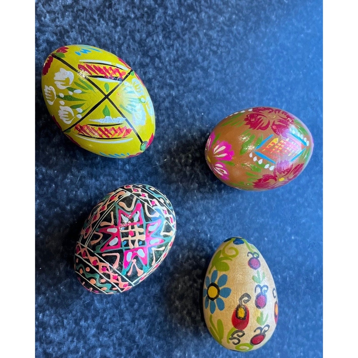 Vtg 1960's Handmade Hand Painted Wooden Eggs Set 4 Easter Gift Ukrainian Traditional Pysanky