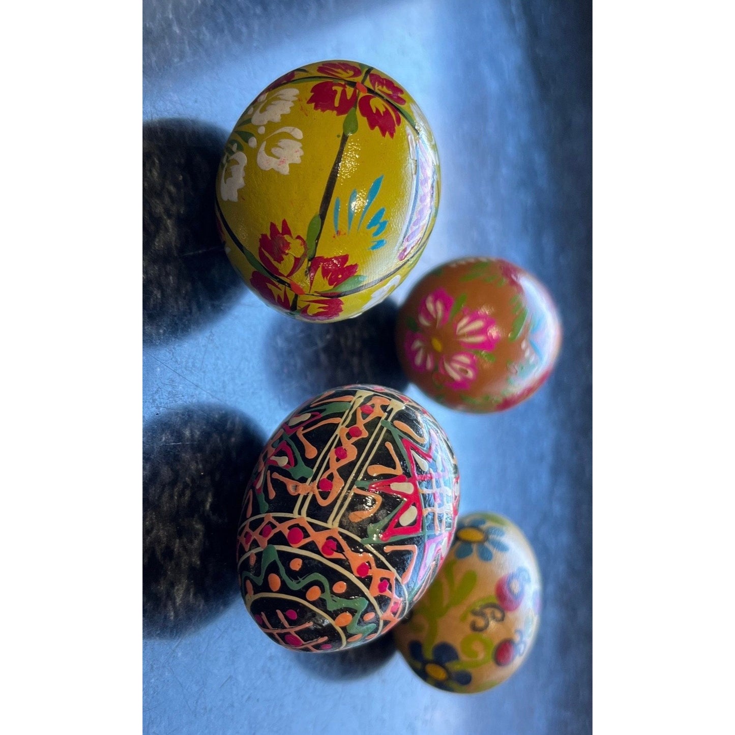 Vtg 1960's Handmade Hand Painted Wooden Eggs Set 4 Easter Gift Ukrainian Traditional Pysanky